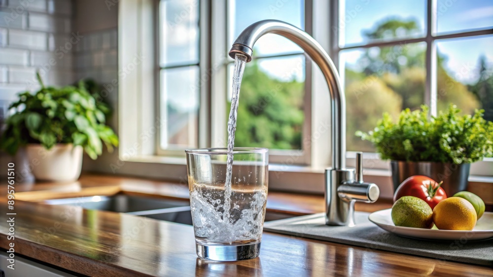 Clear glass being filled with fresh water from faucet, drops flowing from tap, sleek kitchen sink in blurred background. Clear glass being filled with fresh water from faucet, drops flowing from tap, sleek kitchen sink in blurred background.