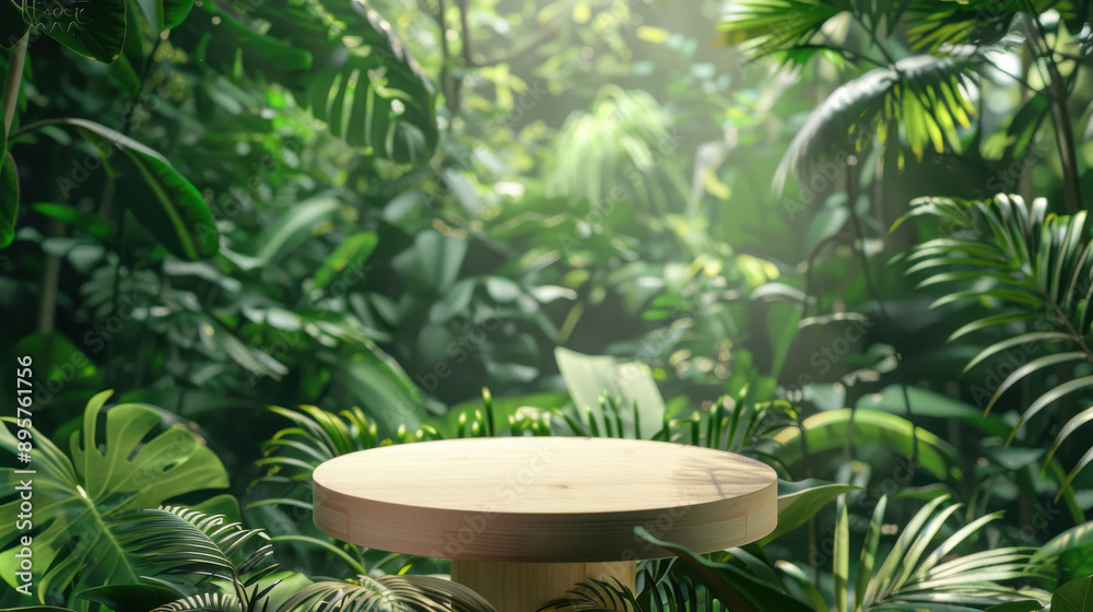 Cosmetic podium with wooden stand in a lush green jungle, perfect for beauty product presentation Cosmetic podium with wooden stand in a lush green jungle, perfect for beauty product presentation