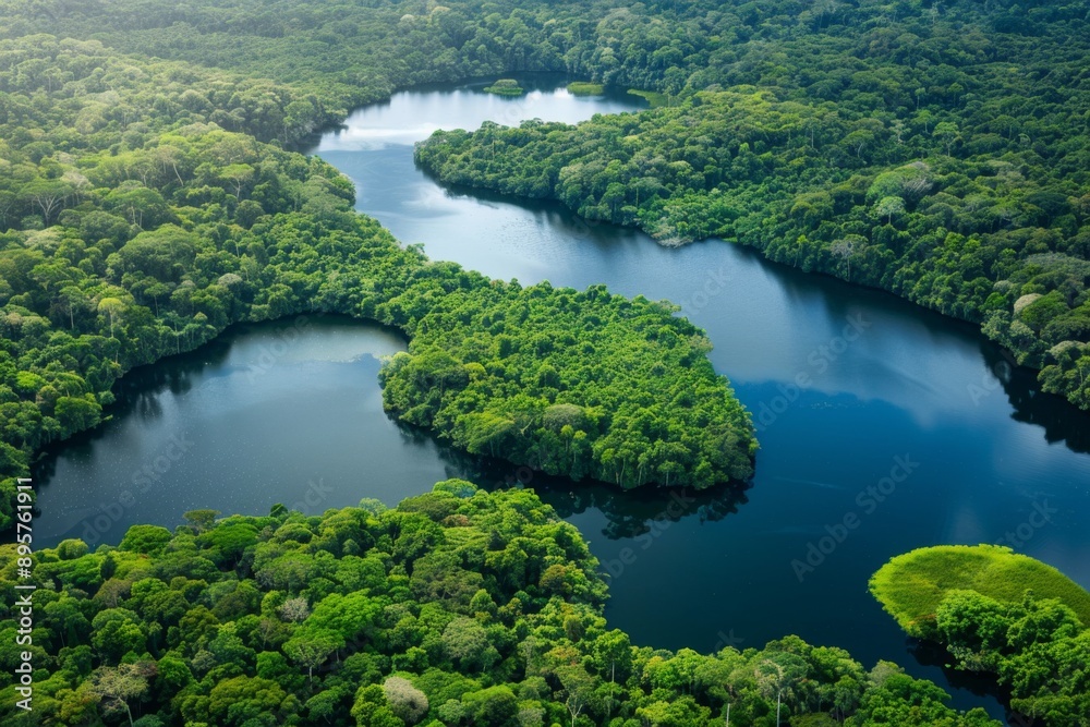 Aerial view of the rainforest with river Aerial view of the rainforest with river