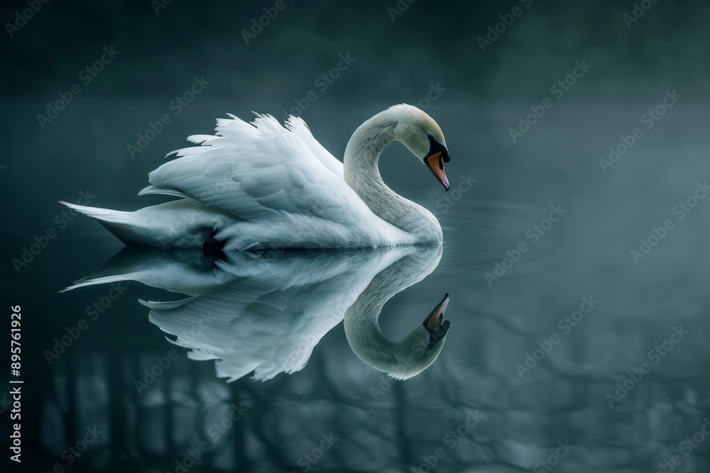 Naklejka premium This enchanting image showcases an elegant swan reflected perfectly on the calm surface of a misty lake, epitomizing grace and tranquility in nature's serene moments.