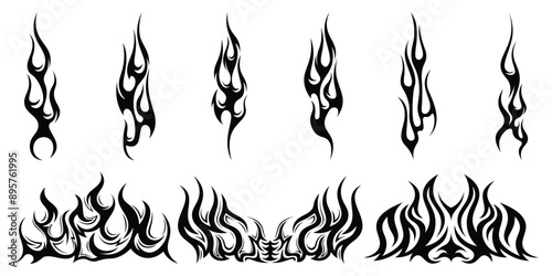 Silhouette Fire flames. Old school tattoo neo-tribal style or silhouette flame for cars. set vector icons. Fire sign. Fire flame icon isolated on white background. Vector illustration	