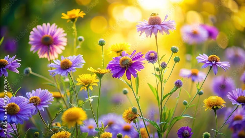 Delicate wildflowers with varying leaf sizes in shades of purple and yellow bloom against a soft, blurred green background.