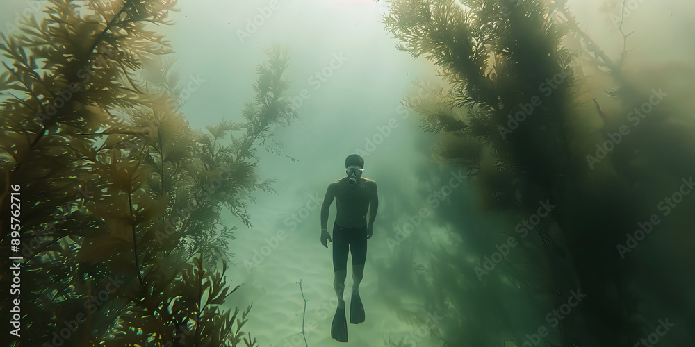 Fototapeta premium Uncharted Depths of Resilience: A lone figure swimming through murky waters, surrounded by a haze of underwater plant life.