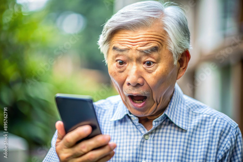 Nervous confused elderly senior asian man stressed worried with smartphone. Frustrated grandpa having problem with paying, buying online and payments. Internet fraud or scams  © Yekatseryna