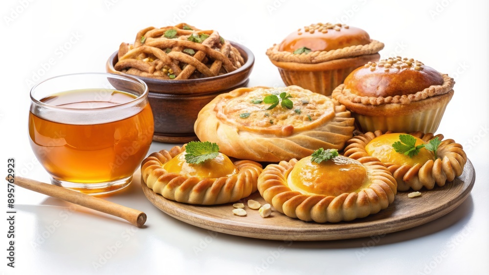 Authentic traditional Tatar cuisine arranged on white background featuring echpochmak pastry, peremech pie, and chak chak honey pastry dessert. Authentic traditional Tatar cuisine arranged on white background featuring echpochmak pastry, peremech pie, and chak chak honey pastry dessert.