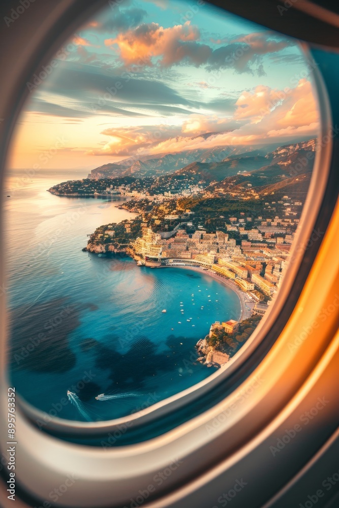 A quaint seaside town bathed in the golden hues of sunrise captured through an airplane window, with the calm ocean and rugged coastline creating a picturesque view. A quaint seaside town bathed in the golden hues of sunrise captured through an airplane window, with the calm ocean and rugged coastline creating a picturesque view.