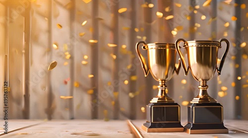Sports cup of gold medalists with confetti, golden symbol of the winner, celebration, sports competition, championship games.