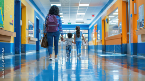 Mother walking her two children through a brightly colored school hallway, carrying backpacks on their way to class.