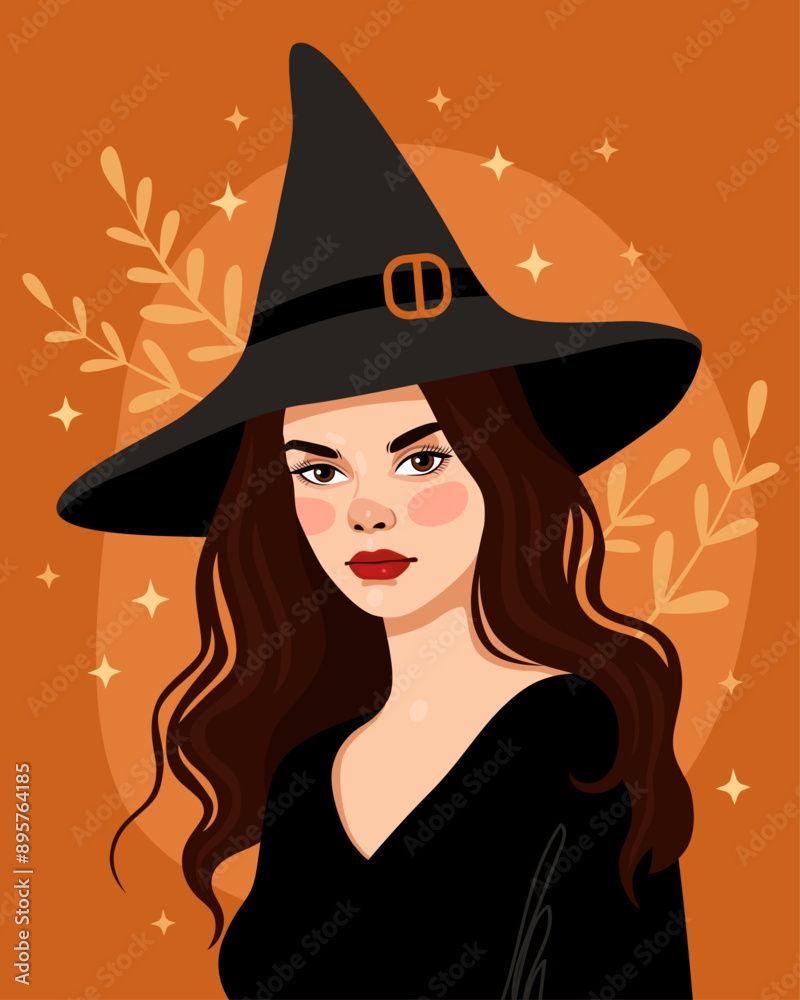 Witch, sorceress. Portrait of a woman wearing a black witch hat and a black dress. Cartoon vector illustration. Halloween, samhain. Orange background. Brunette with brown eyes. Witch, sorceress. Portrait of a woman wearing a black witch hat and a black dress. Cartoon vector illustration. Halloween, samhain. Orange background. Brunette with brown eyes.
