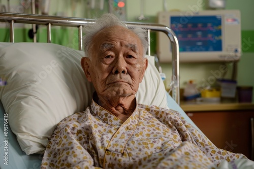 An elderly man lying in a hospital bed, staring directly at the camera. The image captures a moment of contemplation and features various medical equipment around him. photo