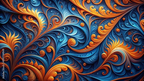 Vibrant, abstract swirls of blue and orange hues converge in a mesmerizing, intricate pattern on a sleek, dark background.