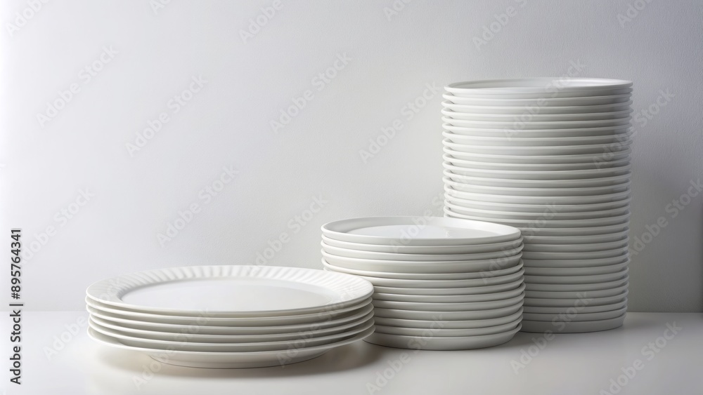 Neatly organized stack of pristine white paper plates stands solo against a clean, vibrant, and minimalist white background. Neatly organized stack of pristine white paper plates stands solo against a clean, vibrant, and minimalist white background.