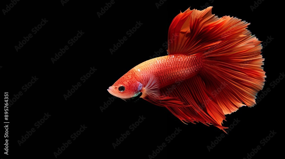 Fototapeta premium Movement of a Betta fish (Siamese fighting fish, Betta splendens) isolated on a black background, capturing its flowing fins and dynamic swimming motion.