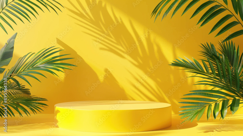 Minimalistic 3D yellow podium for product display in a summer setting, featuring tropical palm leaves and a clean yellow background