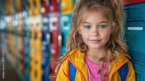 Sweet girl with blue eyes standing in a colorful school hallway with her backpack and jacket.