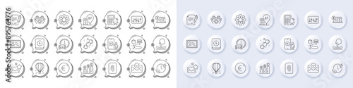 Calculator alarm, Air balloon and Charging time line icons. White pin 3d buttons, chat bubbles icons. Pack of Execute, Food delivery, Favorite icon. Vector