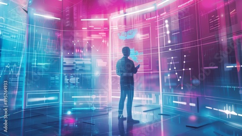 Man Exploring Digital Data in a Futuristic World - A man standing in a room surrounded by glowing screens, symbolizing data visualization, technology, innovation, progress, and the future. © Mickey