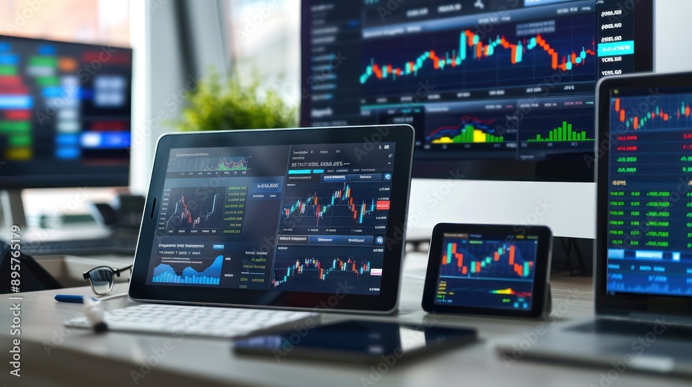 high-definition image of a financial advisor's desk, neatly organized with modern digital devices displaying stock market apps high-definition image of a financial advisor's desk, neatly organized with modern digital devices displaying stock market apps