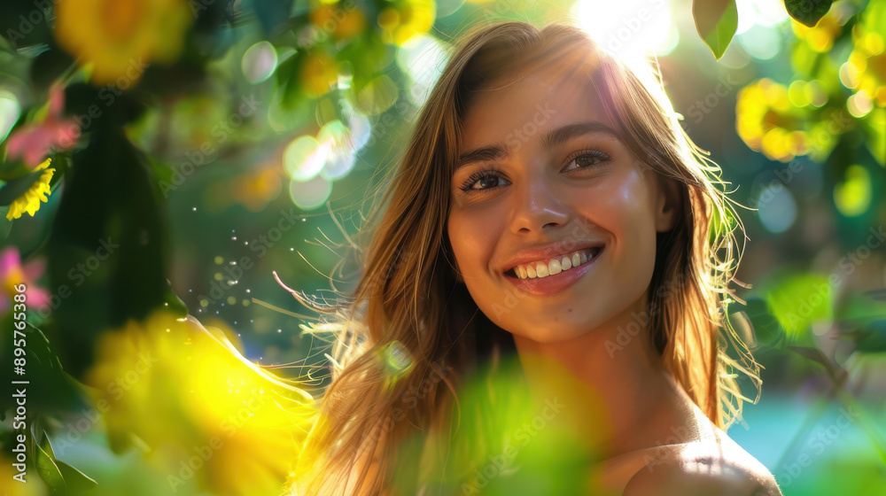 Portrait of a cheerful woman with a radiant smile, basking in the beauty of nature in a relaxing park setting Portrait of a cheerful woman with a radiant smile, basking in the beauty of nature in a relaxing park setting
