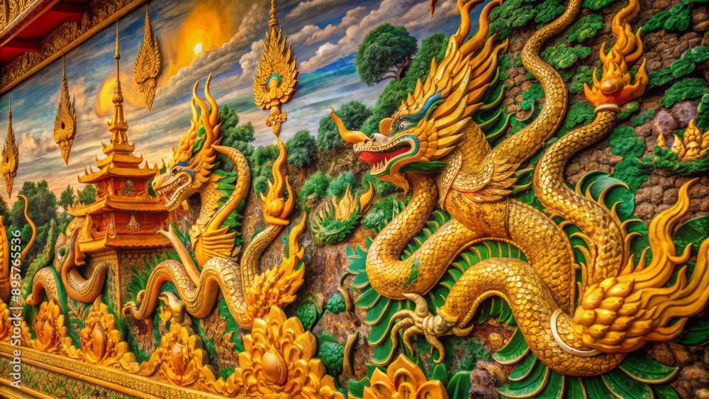 Obraz premium Intricate hand-painted golden dragons adorn ancient temple walls amidst vibrant orange and green hues in a Thai cultural masterpiece scene.
