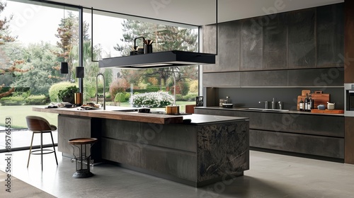 Modern Kitchen with Industrial Chic Design and Large Windows - This contemporary kitchen features a large island with a wooden countertop, sleek gray cabinetry, and industrial-style lighting. The spac photo