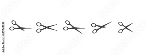 Cut here icon. Black scissors cutting. Set of different shears on white background. Simple Vector illustration. Shear cutting paper coupon or discount along the line.