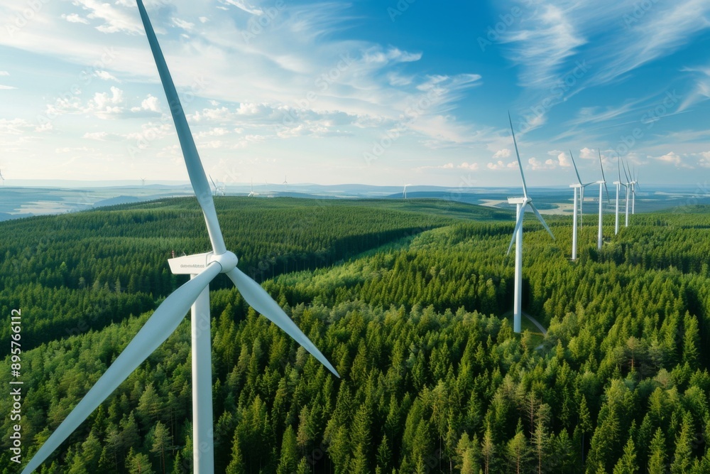 Aerial view of white windmills against a blue sky in a green field with a forest Aerial view of white windmills against a blue sky in a green field with a forest