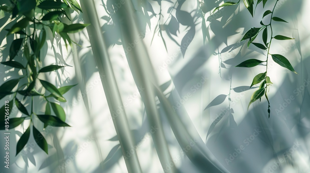 Minimal abstract background for product presentation. Shadow of plant leaves and curtains, white wall and green plant. Minimal abstract background for product presentation. Shadow of plant leaves and curtains, white wall and green plant.