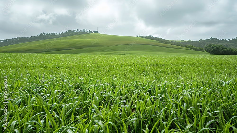 A lush green field with a hill in the background 