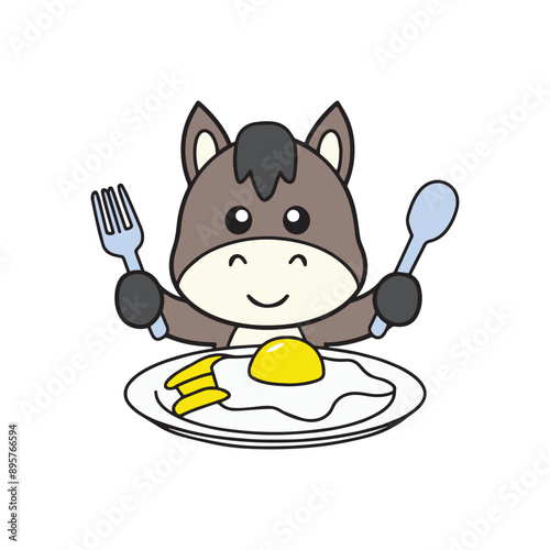 illustration of cute horse with an omelette with spoon and fork in plate