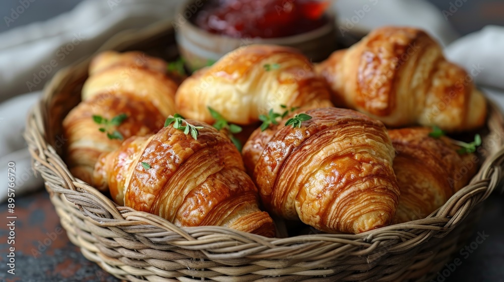 Several golden-brown croissants, in a woven basket, with fresh thyme sprigs. A bowl of jam is visible Several golden-brown croissants, in a woven basket, with fresh thyme sprigs. A bowl of jam is visible