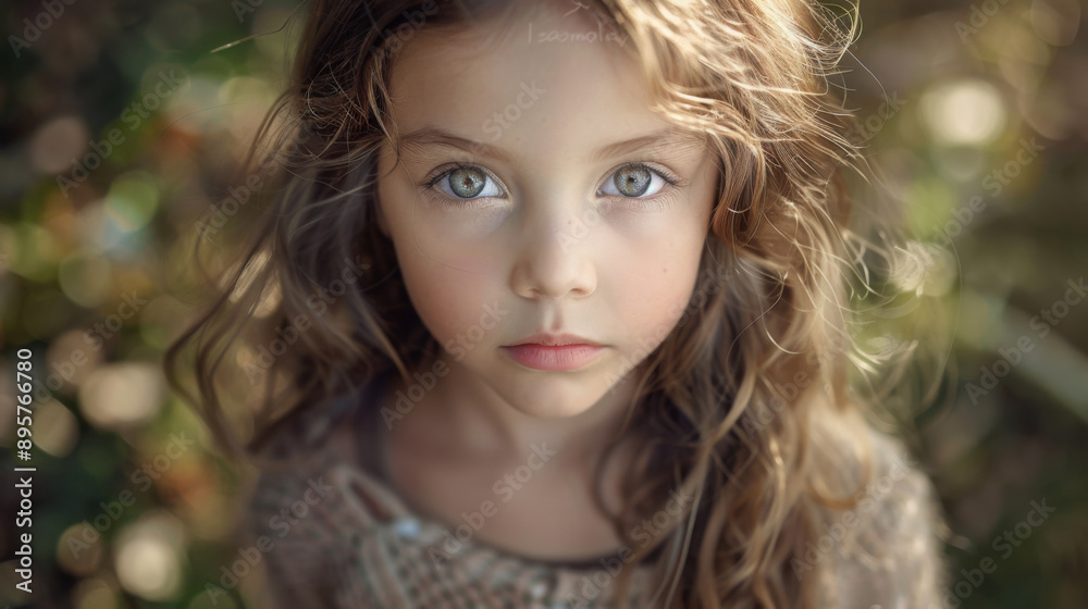Fototapeta premium Close-up of a young girl with striking green eyes and long, wavy hair, looking directly at the camera.