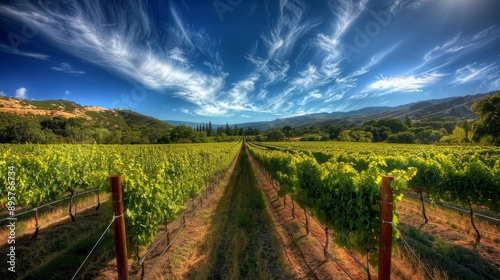 Picturesque Vineyard Landscape Under a Blue Sky with White Clouds - A breathtaking view of a vineyard with rows of grapevines stretching out towards a distant hillside. The lush green foliage is bathe