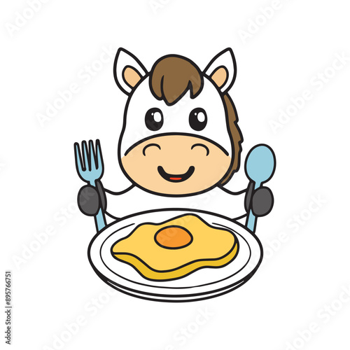 illustration of cute horse with an omelette with spoon and fork in plate