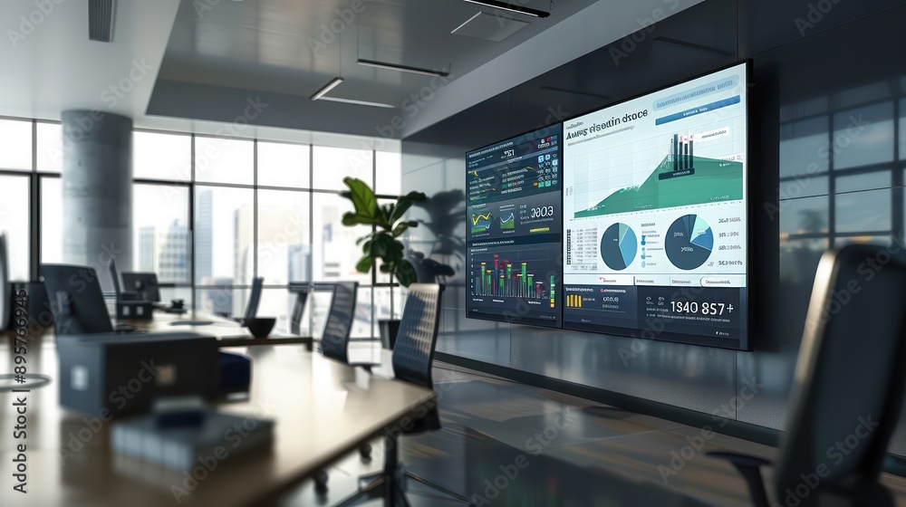 high-end finance office with a large digital display wall showing real-time budget analytics, interactive and detailed for high-level decision-making