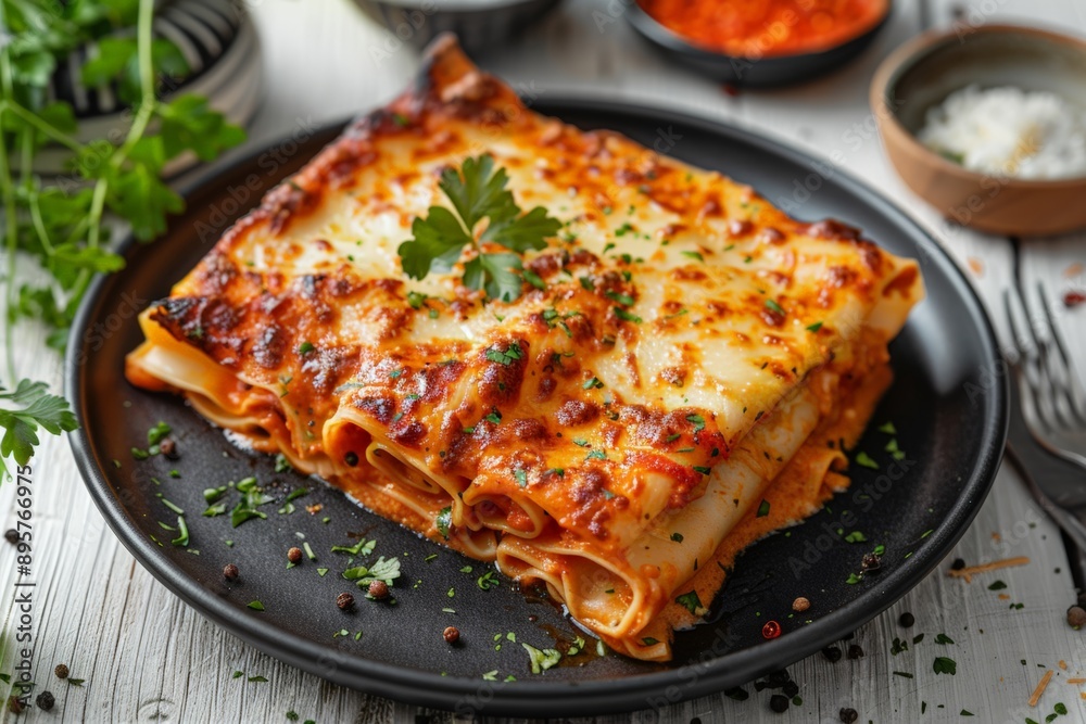 Mouth-watering cannelloni pasta dish with melted cheese and fresh parsley, served on a black plate for a perfect Italian meal. Mouth-watering cannelloni pasta dish with melted cheese and fresh parsley, served on a black plate for a perfect Italian meal.