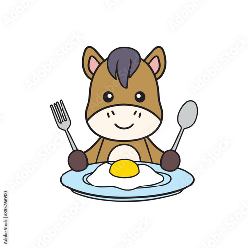illustration of cute horse with an omelette with spoon and fork in plate