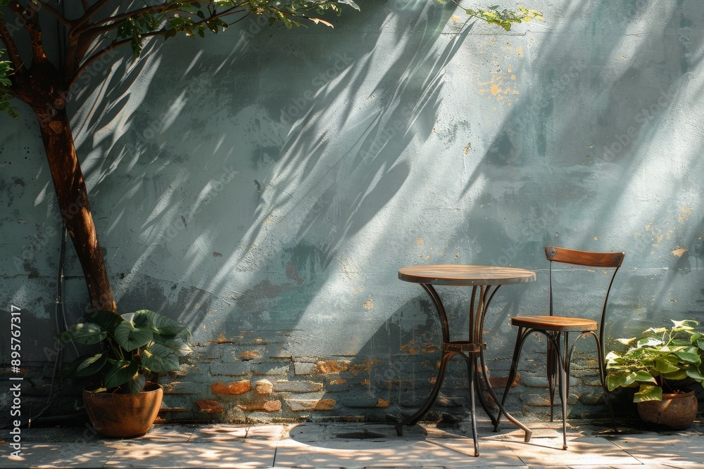 A modern minimalist cafe with simple wooden tables and chairs, adorned with green plants and natural light creating a serene ambiance. A modern minimalist cafe with simple wooden tables and chairs, adorned with green plants and natural light creating a serene ambiance.
