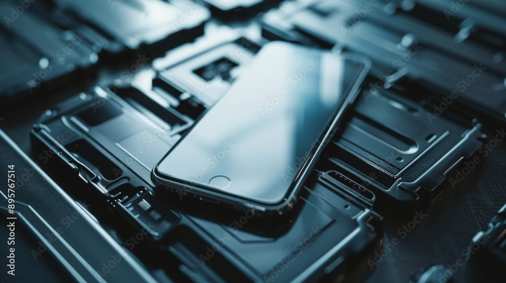 Close-up of a modern smartphone on an assembly line, surrounded by other phone components in a factory setting. Close-up of a modern smartphone on an assembly line, surrounded by other phone components in a factory setting.
