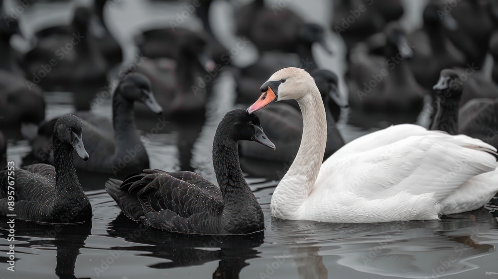 Obraz premium A white swan floats in a lake, surrounded by black swans