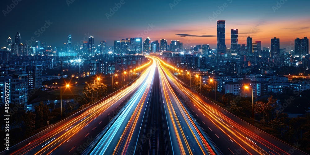 Fototapeta premium City skyline at dusk with highway traffic streaking in colorful lights