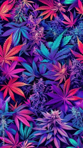 Close-up of colorful cannabis plants with vibrant neon colors