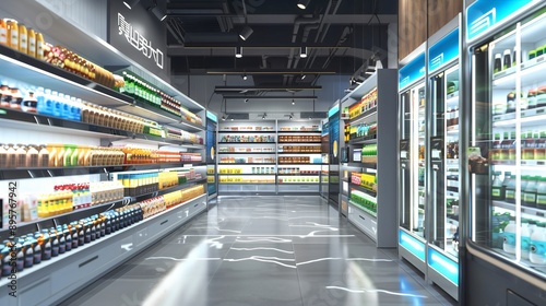 Realistic 3d render interior design of supermarket with shelves full of freezed products, foods. glass display cabinets, gray floors. Shopping goods, retail store business, commercial advertising photo