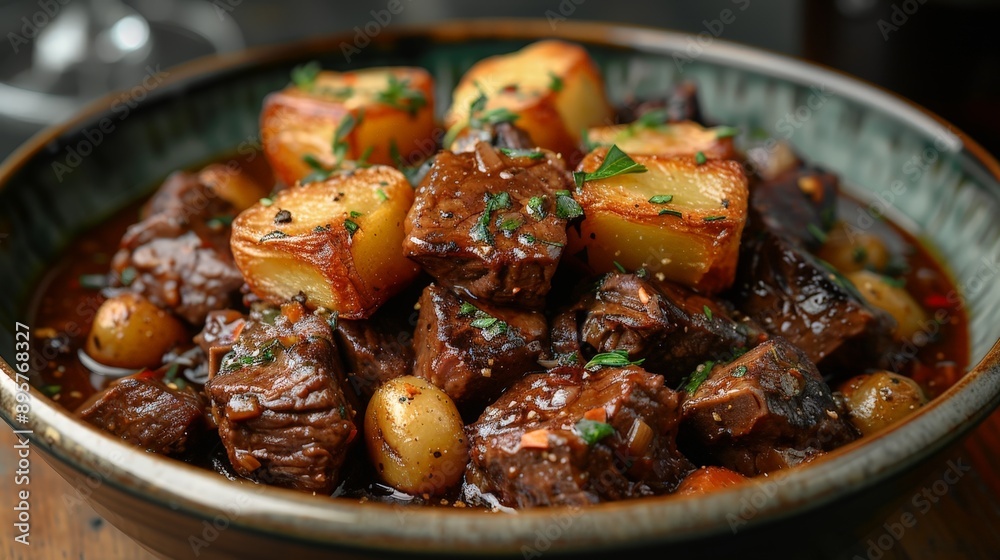 A dark bowl of beef stew with potatoes, carrots, and onions. Sprinkled with herbs A dark bowl of beef stew with potatoes, carrots, and onions. Sprinkled with herbs