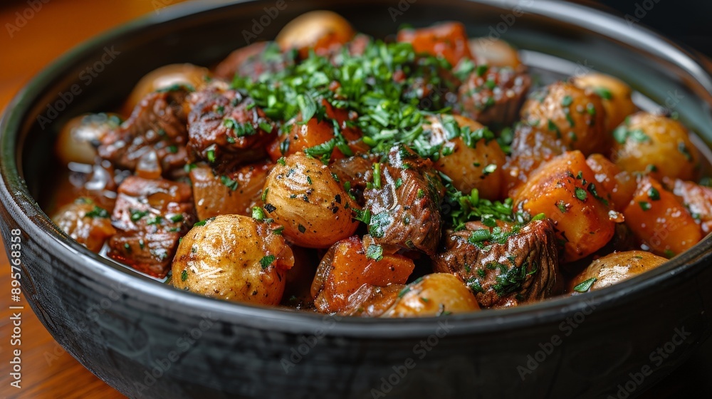 A dark bowl of beef stew with potatoes, carrots, and onions. Sprinkled with herbs A dark bowl of beef stew with potatoes, carrots, and onions. Sprinkled with herbs