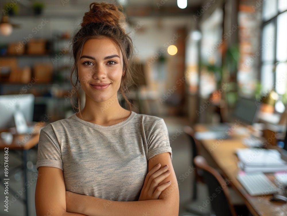 Young woman smiles confidently in office with hair in bun and arms crossed Young woman smiles confidently in office with hair in bun and arms crossed