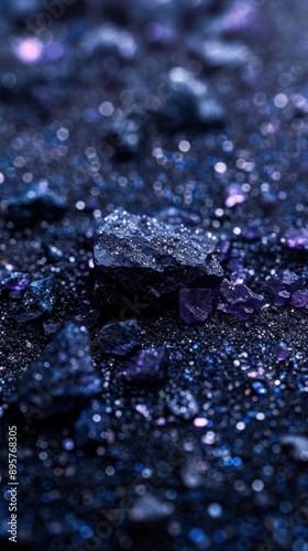 Blue and purple crystals on black sand