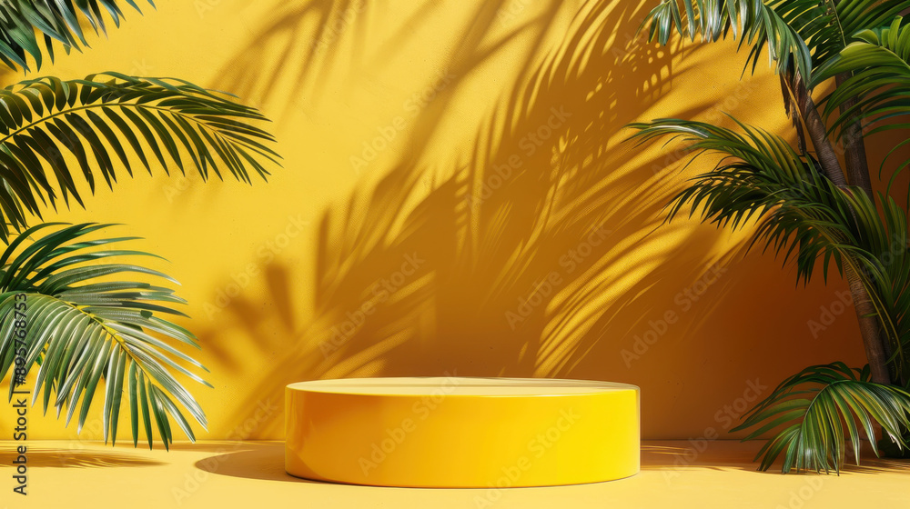 Vibrant yellow podium for product presentation in a summer setting, complemented by tropical palm leaves in a 3D design Vibrant yellow podium for product presentation in a summer setting, complemented by tropical palm leaves in a 3D design