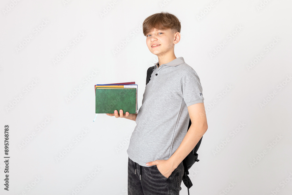 Study, education, school, university, college, graduate concept. Smiling and happy school teen boy with backpack and school books in hands is posing on white background Study, education, school, university, college, graduate concept. Smiling and happy school teen boy with backpack and school books in hands is posing on white background