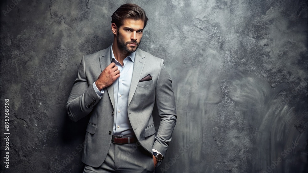 Luxurious gray background features empty space where fashionable male model could pose in stylish attire and sleek accessories. Luxurious gray background features empty space where fashionable male model could pose in stylish attire and sleek accessories.